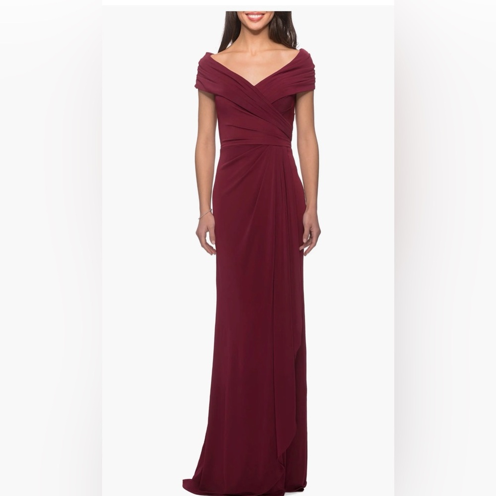La Femme Ruched Jersey Gown with V-Neckline—Wine, Size 2
